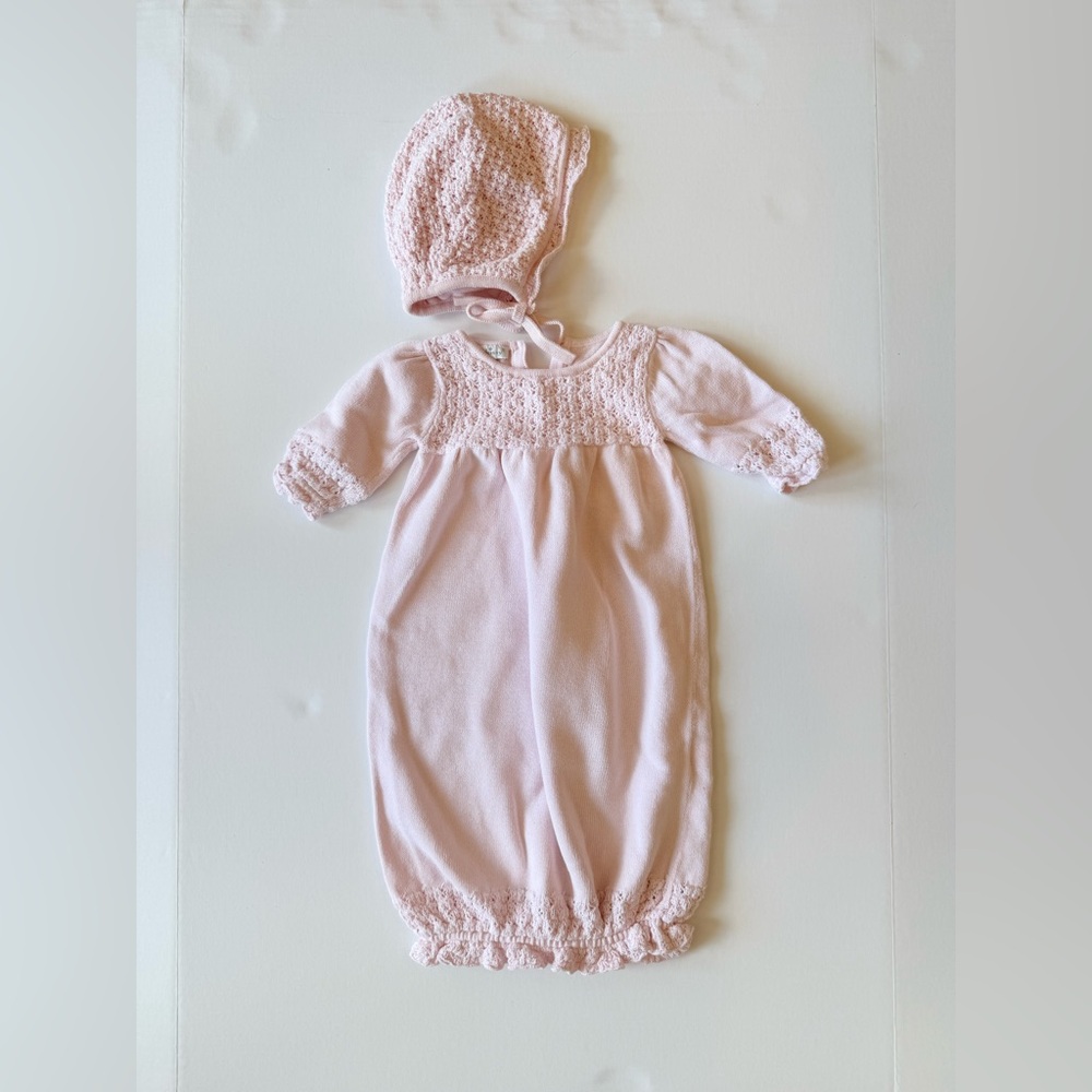 Kissy Kissy Light Pink Knit-Trim Cotton Baby Gown and Bonnet Set
